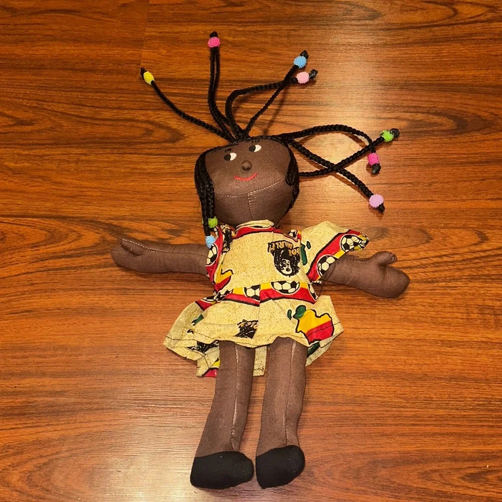 Handmade African Black Rag Doll w/Braids & Beads wearing a Bob Marley Dress 13”